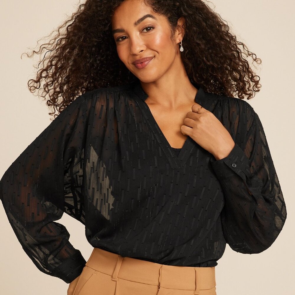 Sheer Long Sleeve Dolman Blouse Black Silver Large